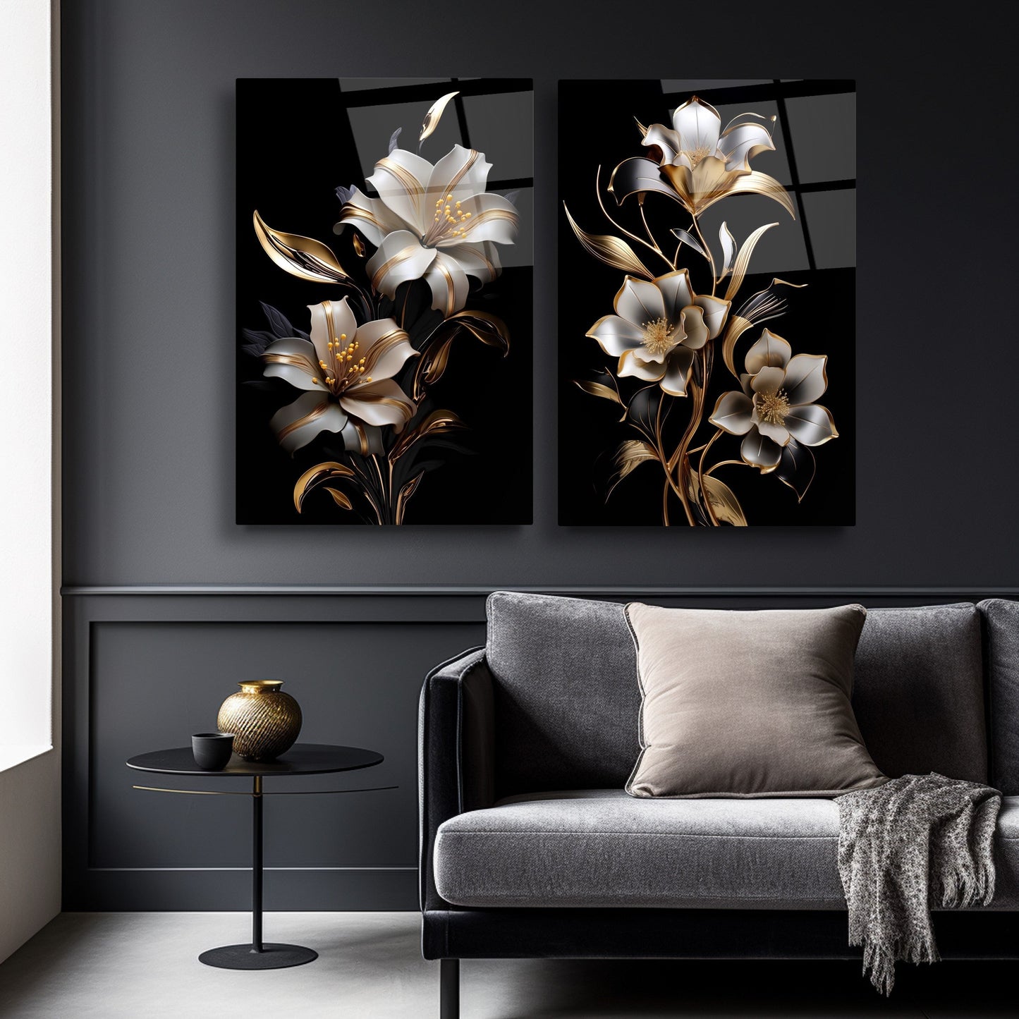 Beyaz Gold Çiçekler İkili Set Cam Tablo