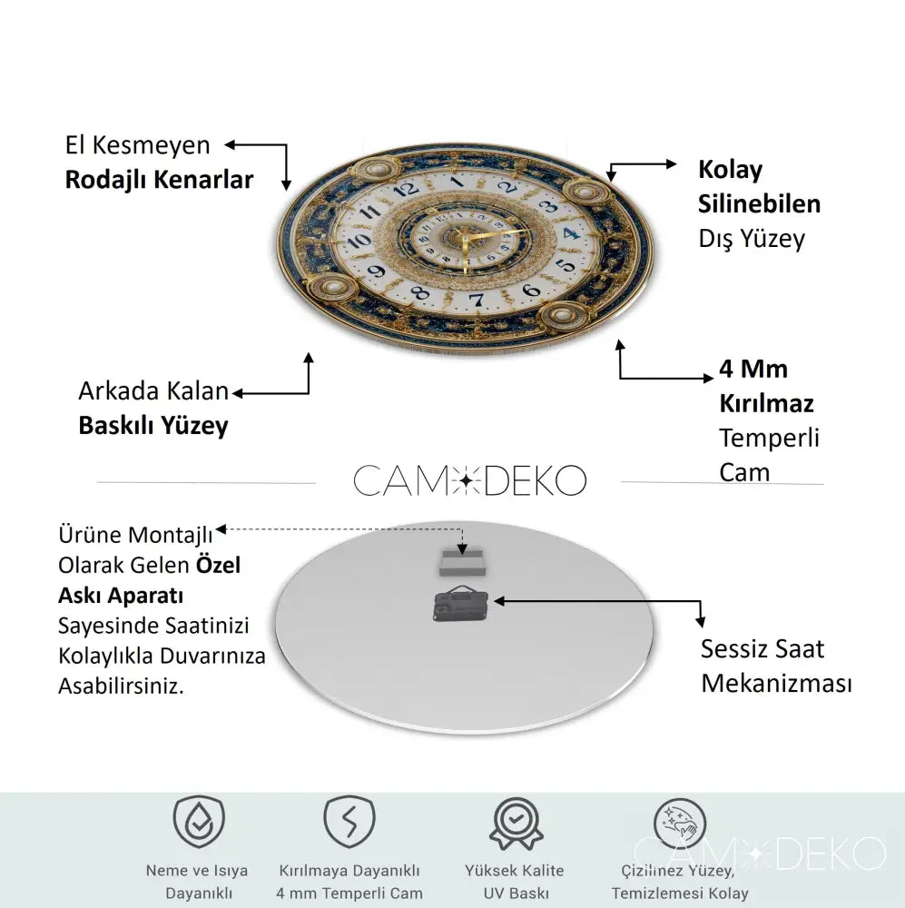 İnci Detaylı Gold Cam Saat Kırılmaz Cam Saat