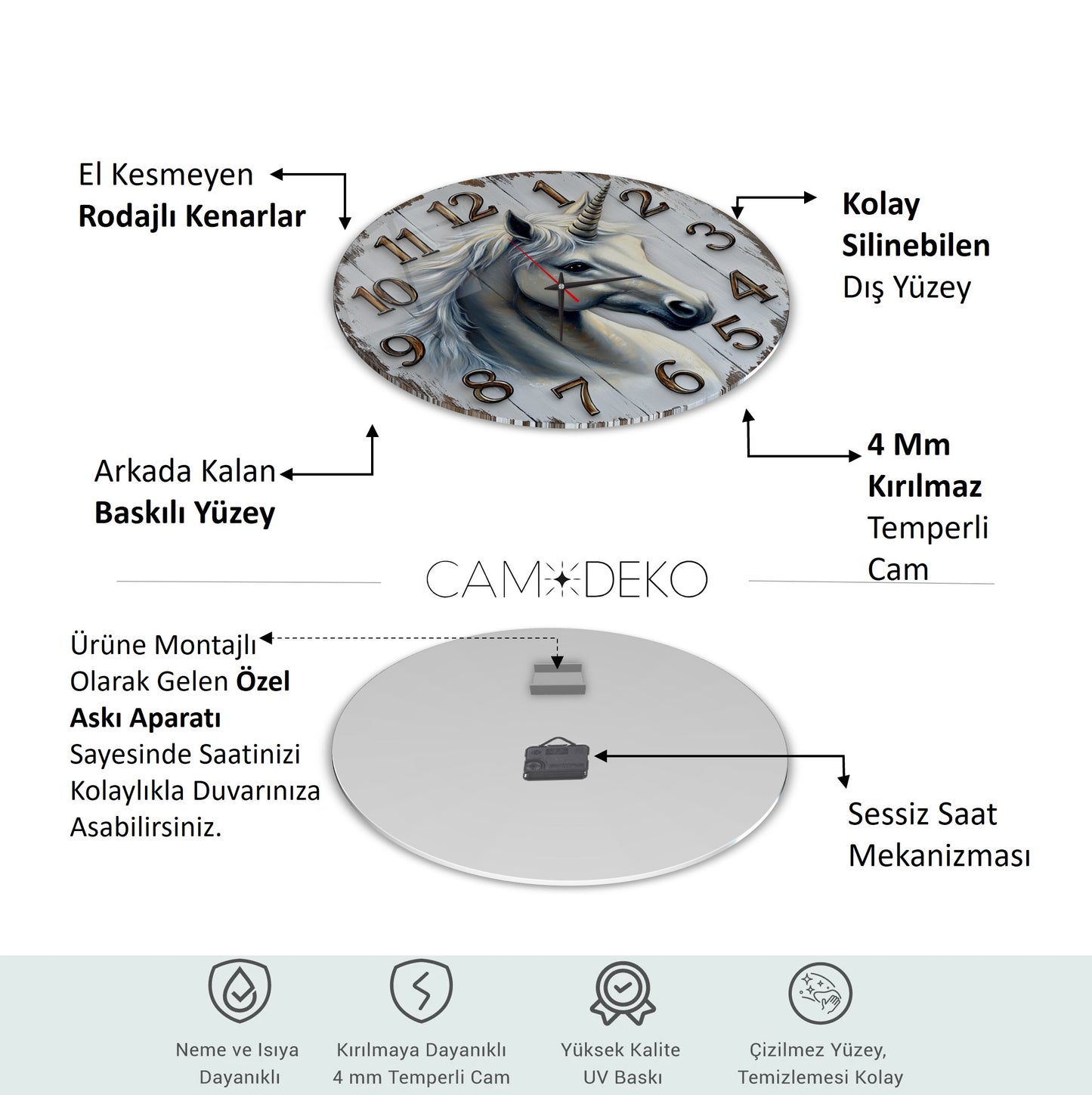 Beyaz At Cam Tablo Saat