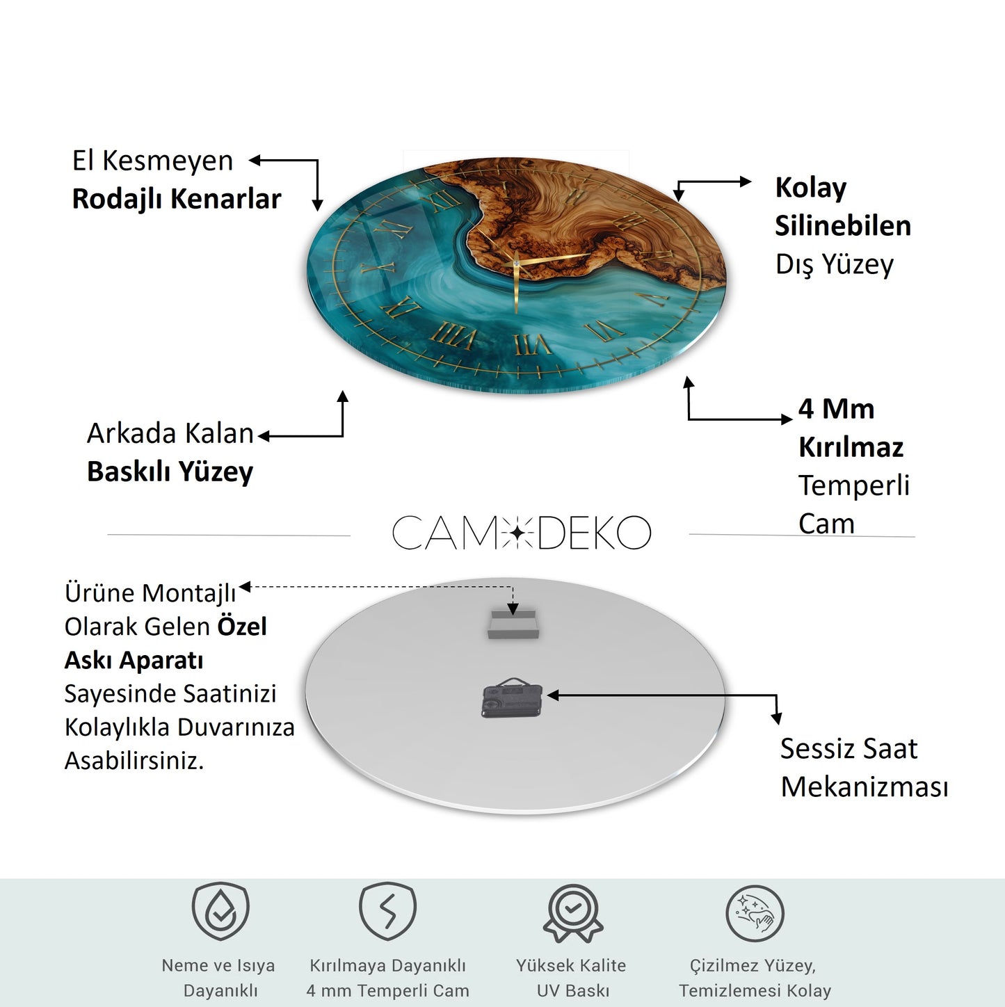 Soyut Turkuaz Cam Tablo Saat