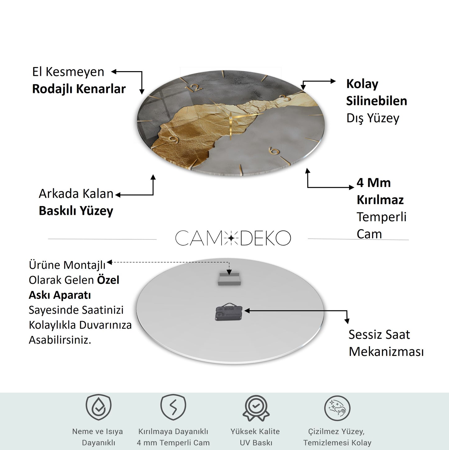 Soyut Gold Gri Cam Tablo Saat