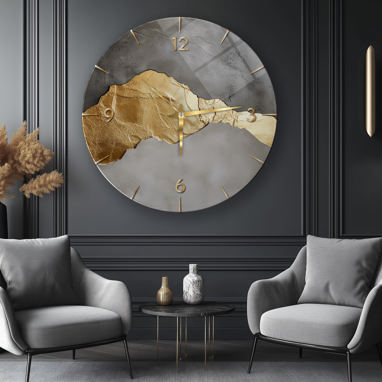 Soyut Gold Gri Cam Tablo Saat