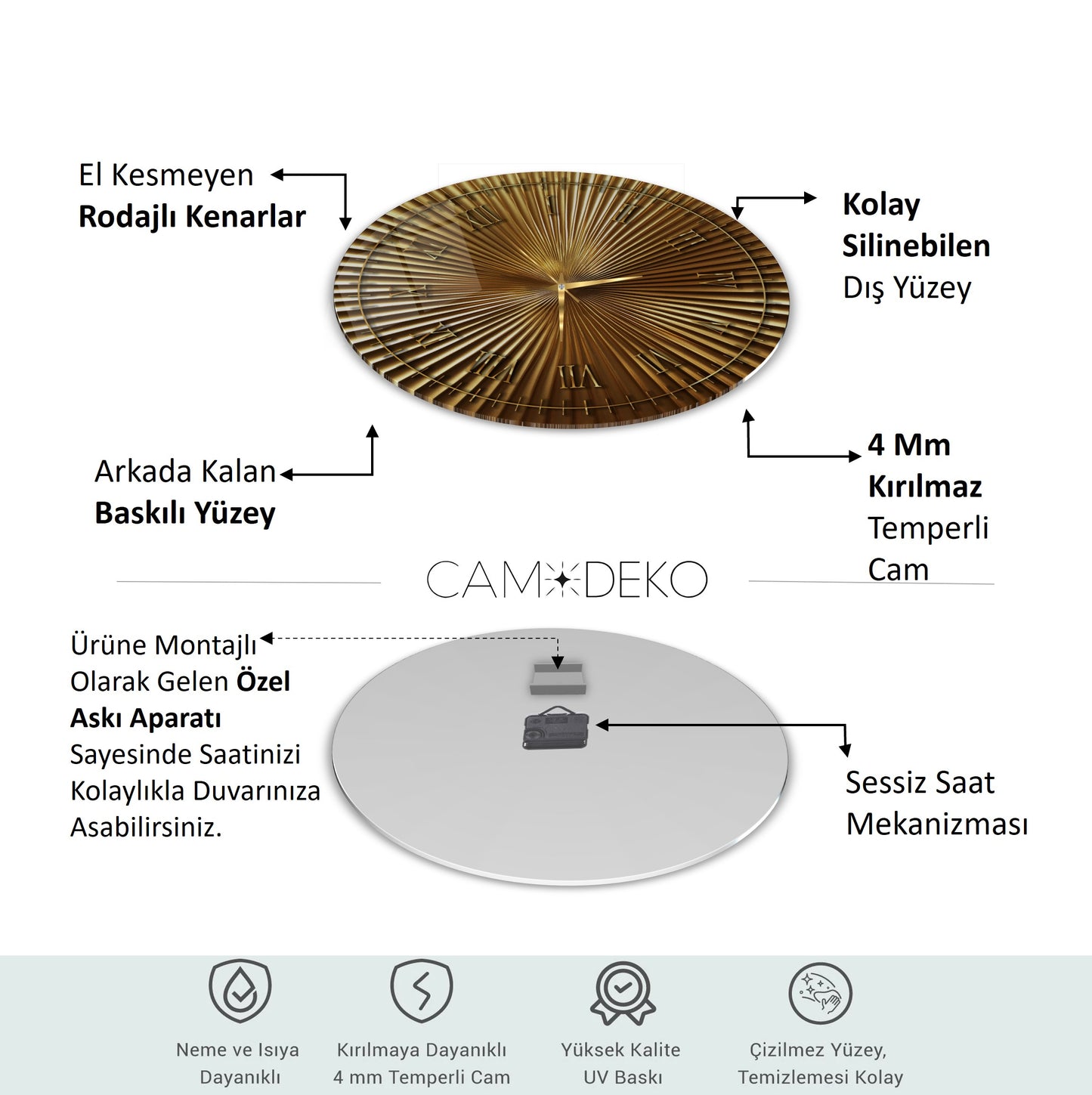 Metalik Soyut Gold Cam Saat