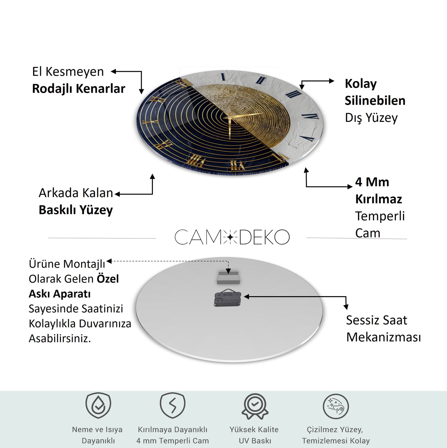 Siyah Beyaz Soyut Gold Cam Saat