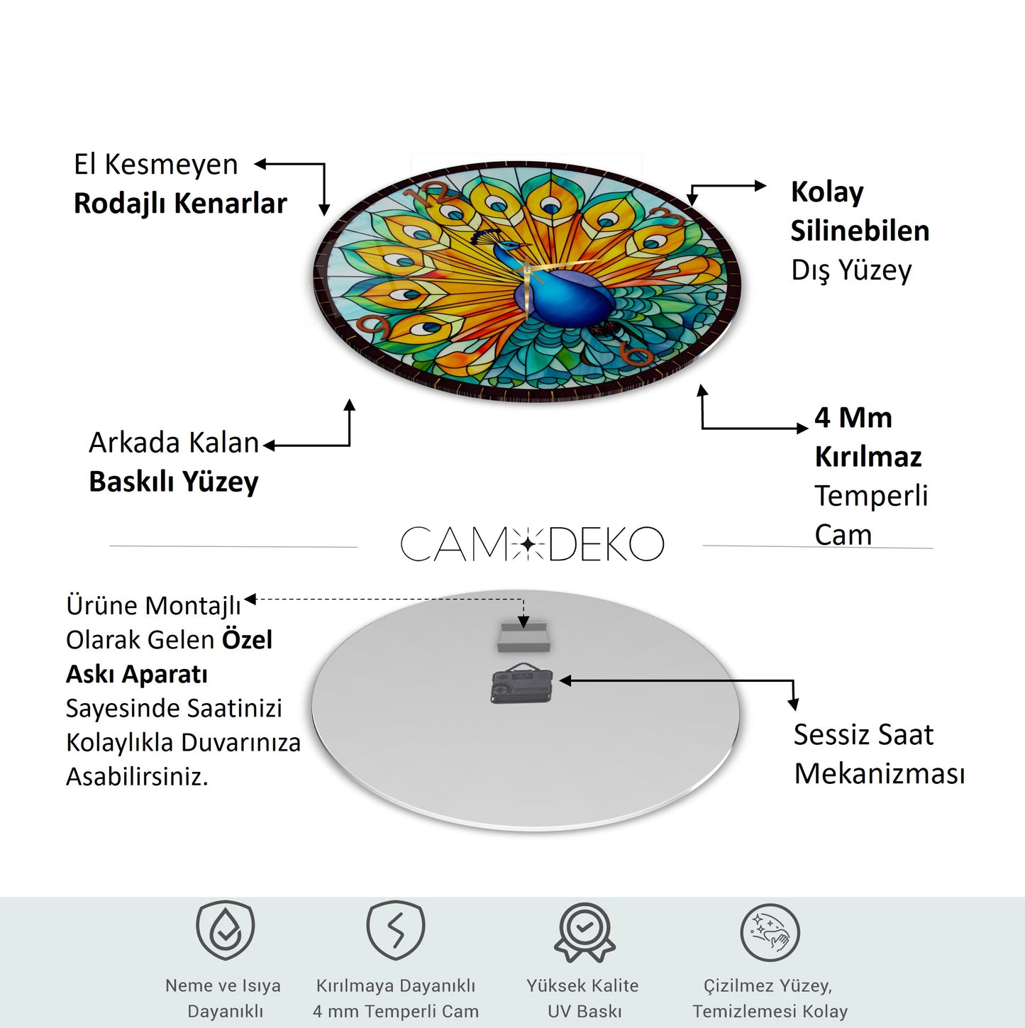 Renkli Tavus Kuşu Cam Duvar Saati