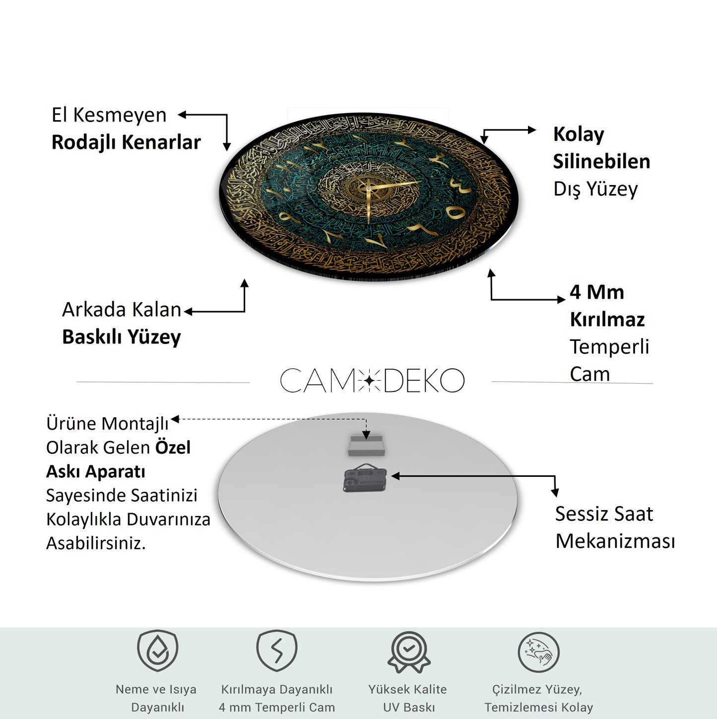 Yeşil Gold İslami Hat Sanatı Cam Duvar Saati