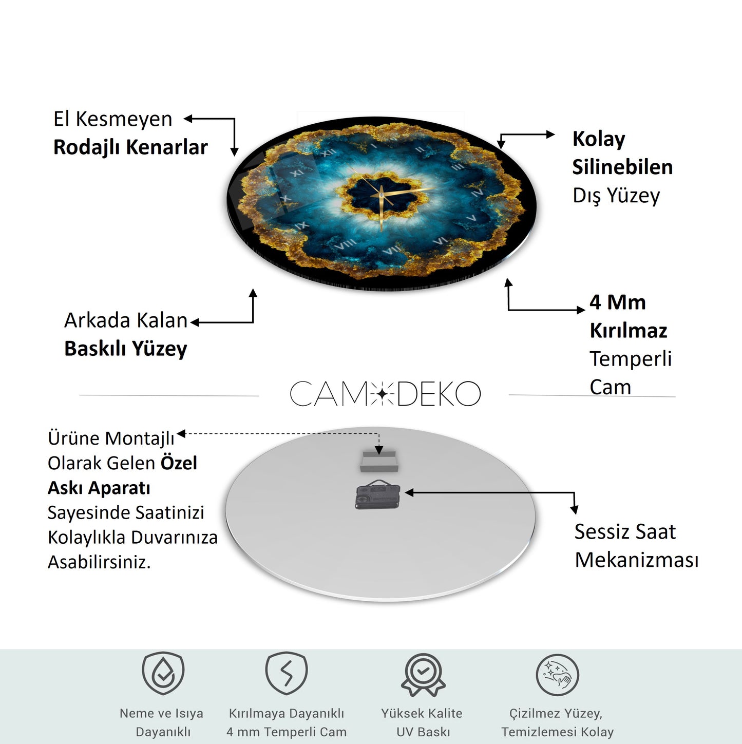 Soyut Mavi Gold Cam Duvar Saati