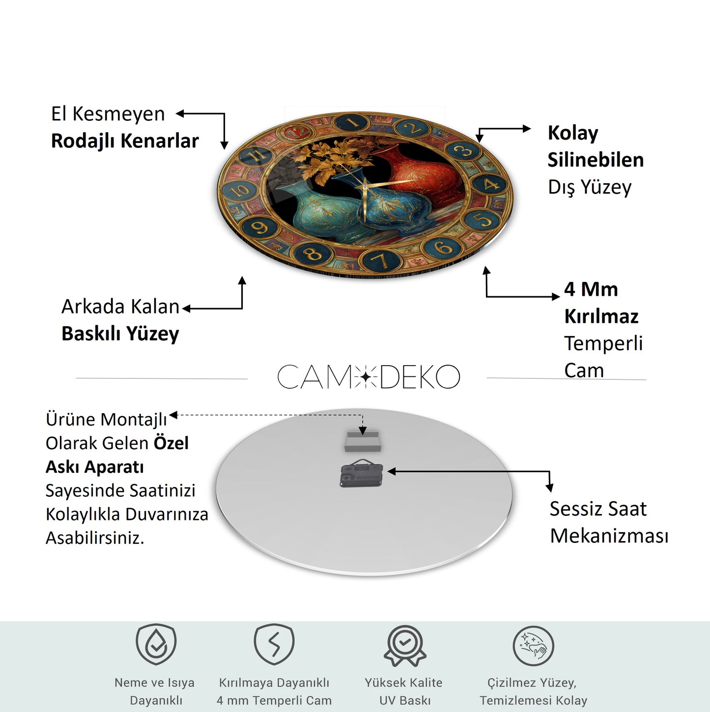 Renkli Saksılar Cam Duvar Saati