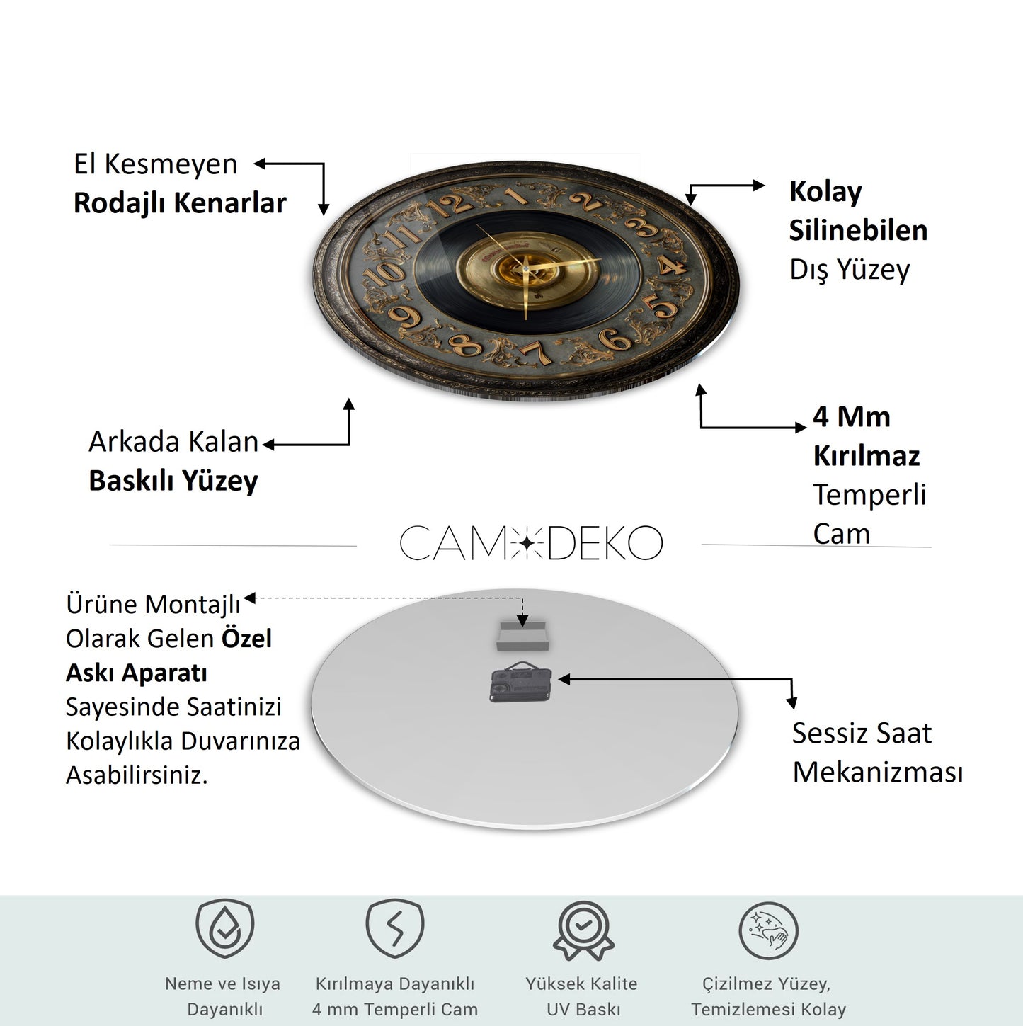 Gold Detay Taş Plak Cam Duvar Saati