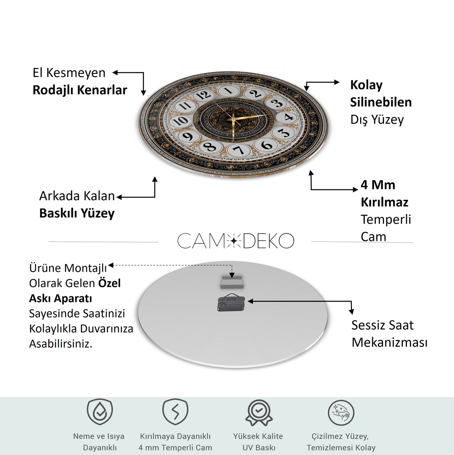 Klasik Gold Detaylı Cam Duvar Saati