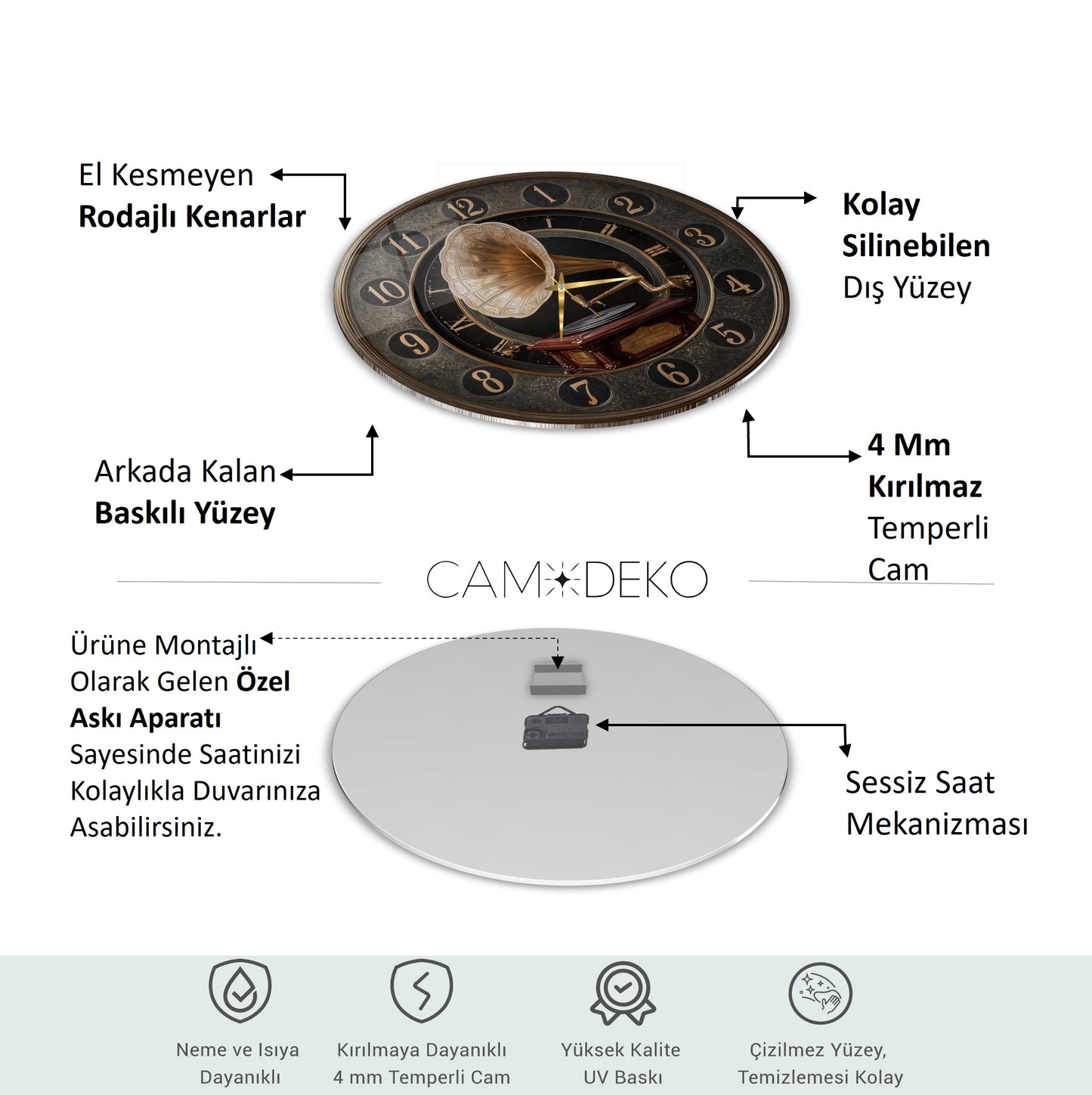 Nostaljik Gramafon Cam Duvar Saati