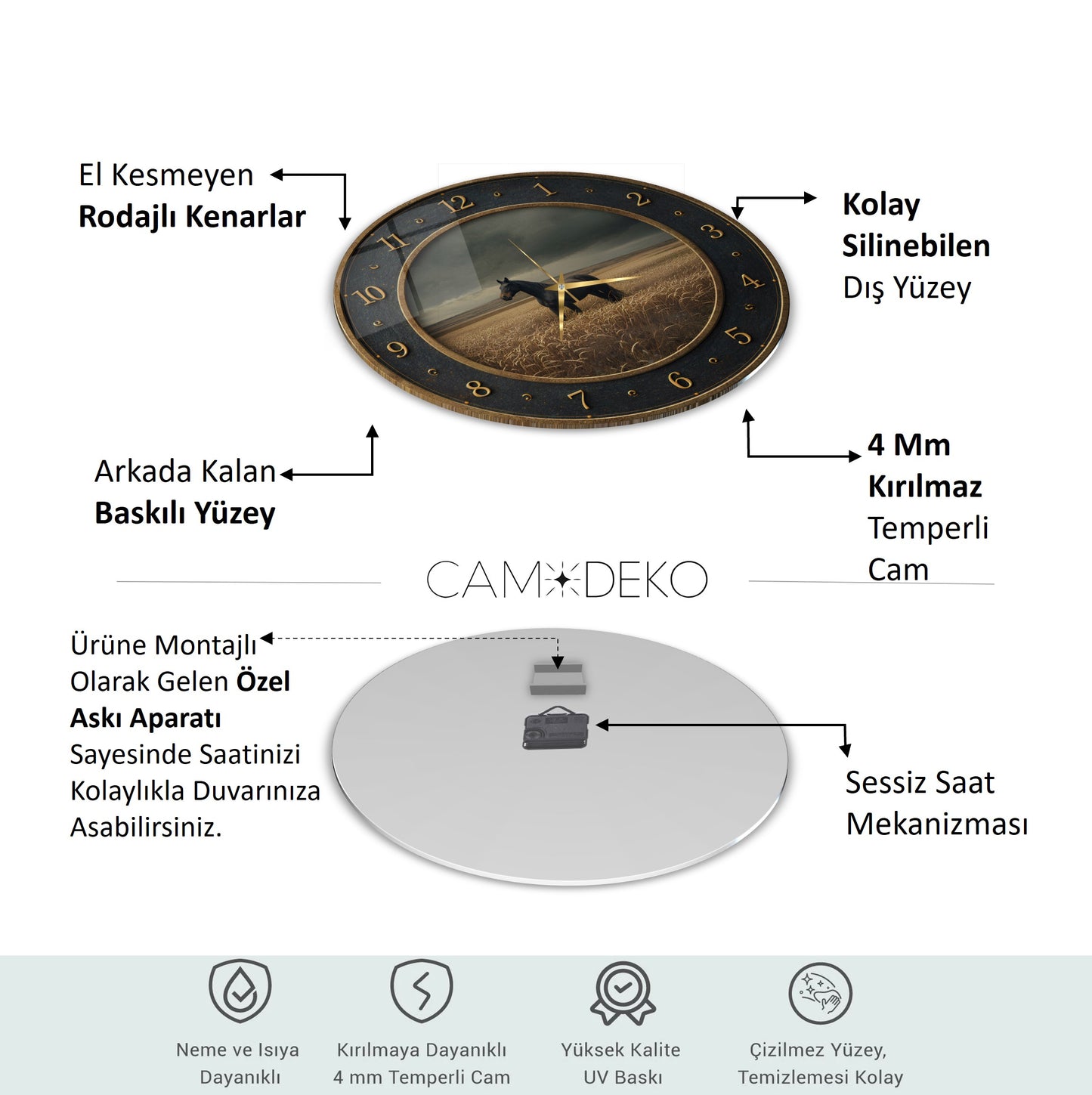 Siyah At Cam Duvar Saati