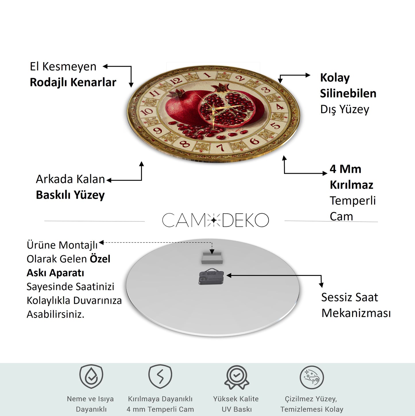 Nar Taneleri Cam Duvar Saati