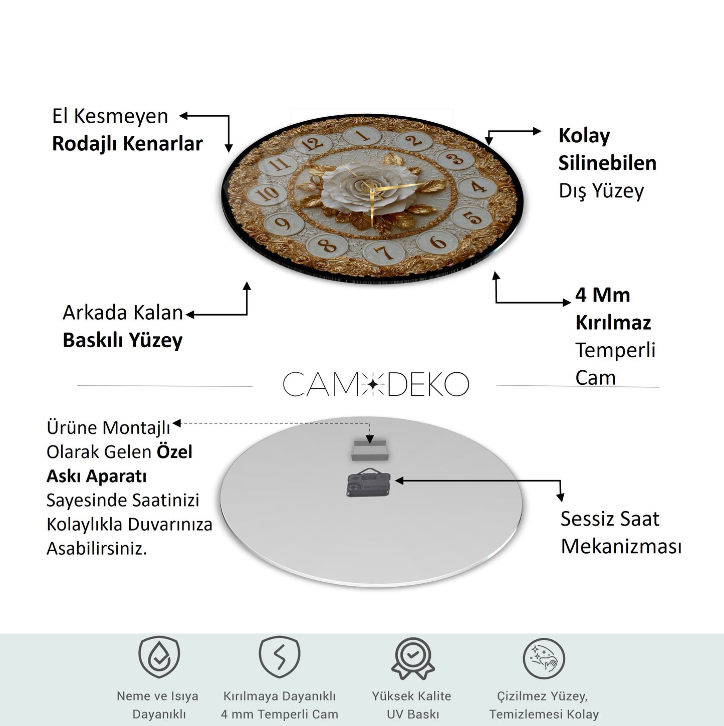 Gold Detay Beyaz Gül Cam Duvar Saati