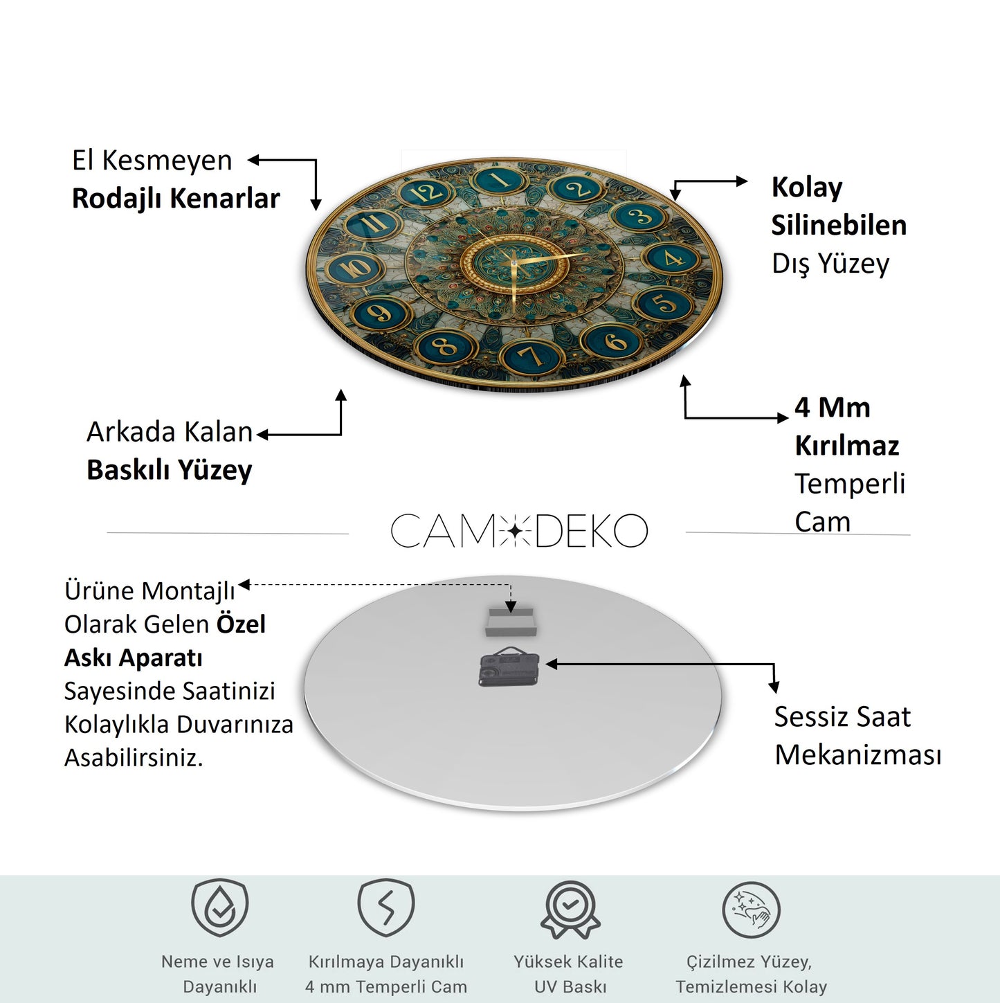 Yeşil Gold Desen Cam Duvar Saati