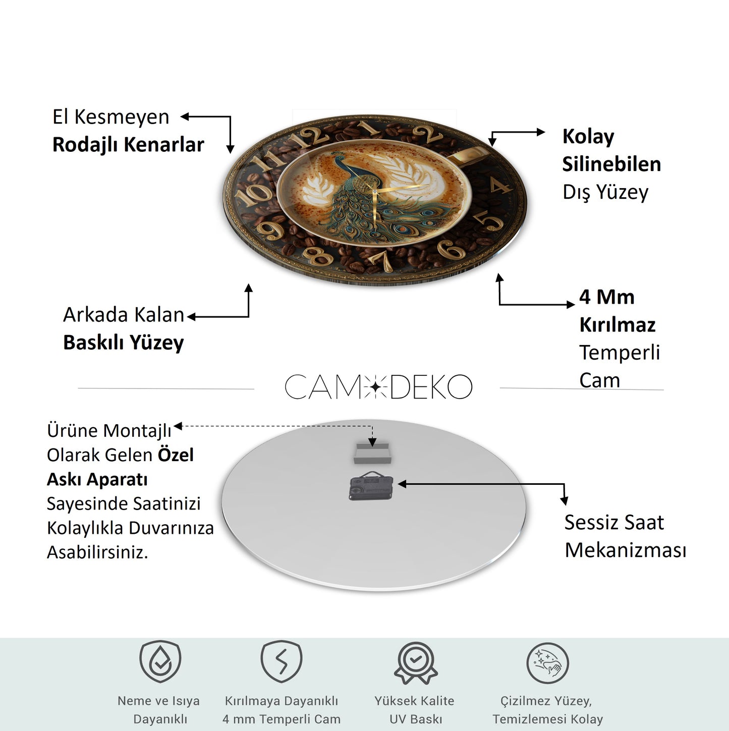 Kahve Çekirdekli Tavus Kuşu Cam Duvar Saati