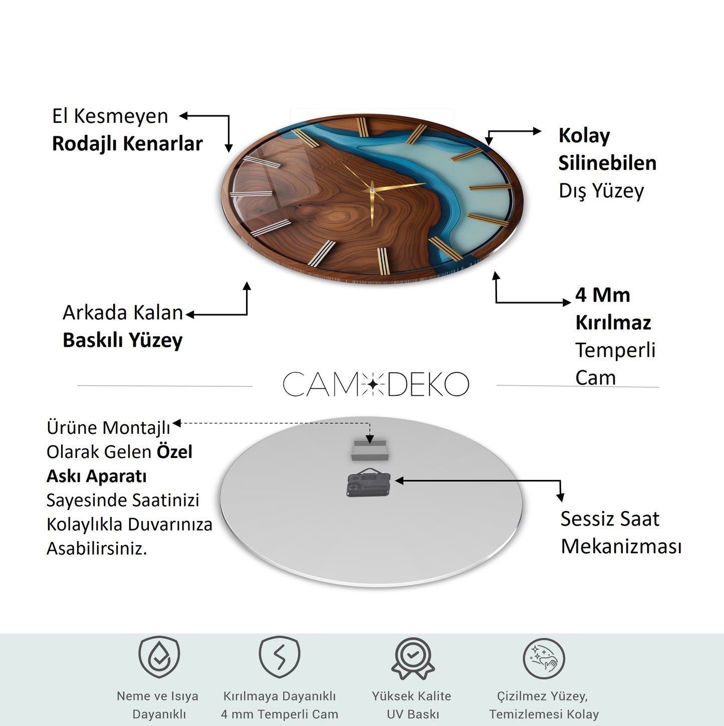 Minimal Ahşap Turkuaz Cam Duvar Saati