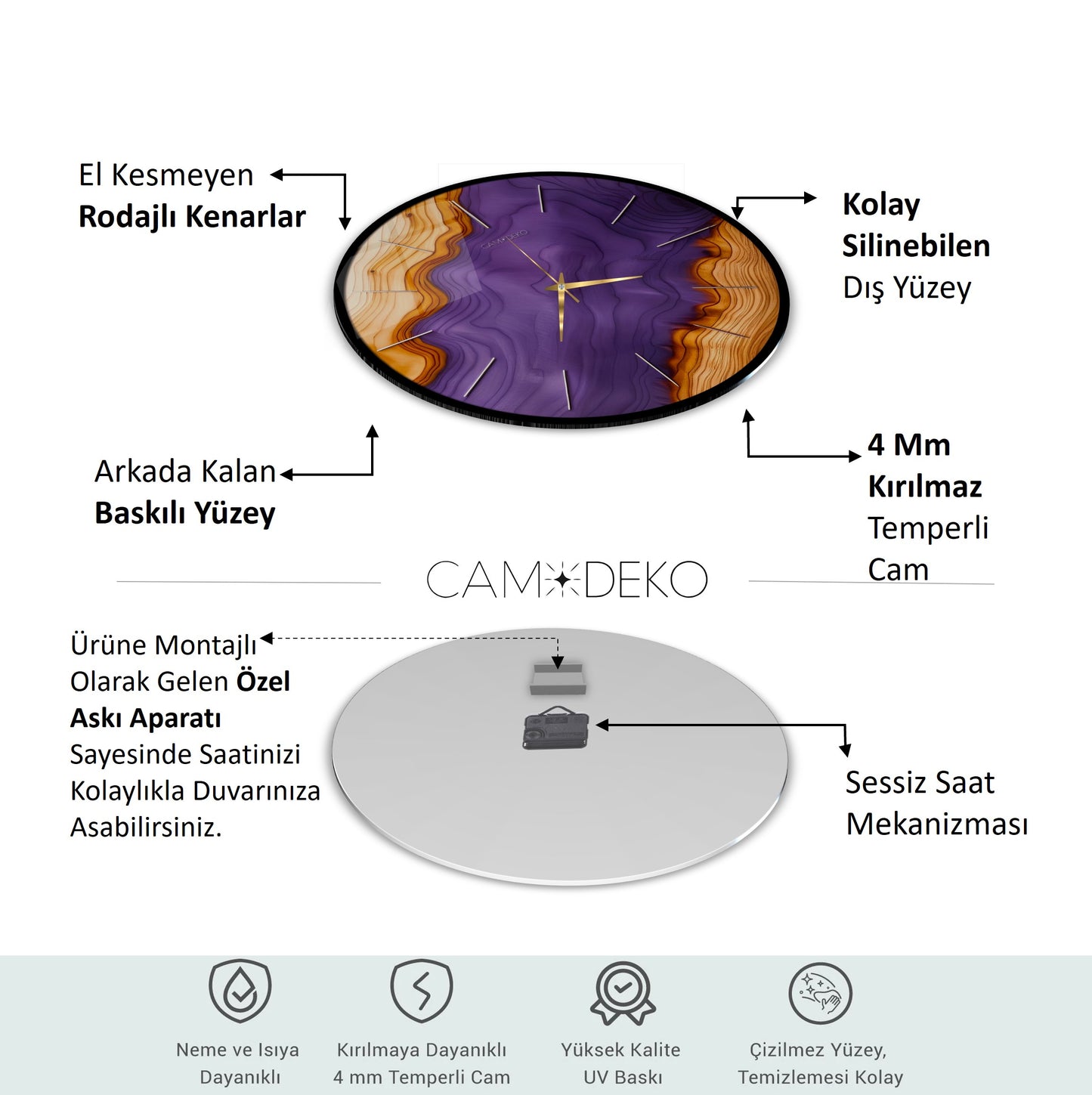 Minimal Mor Renkli Cam Duvar Saati