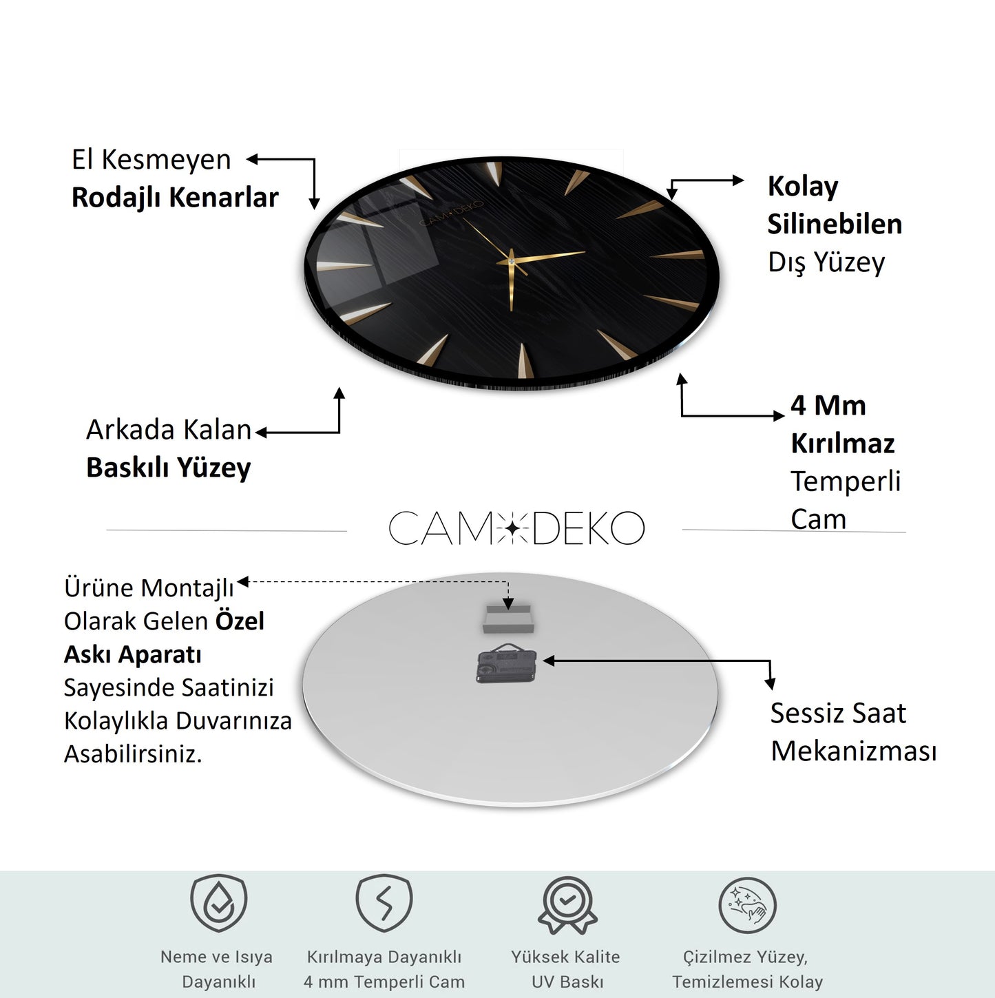 Klasik Gold Siyah Cam Duvar Saati
