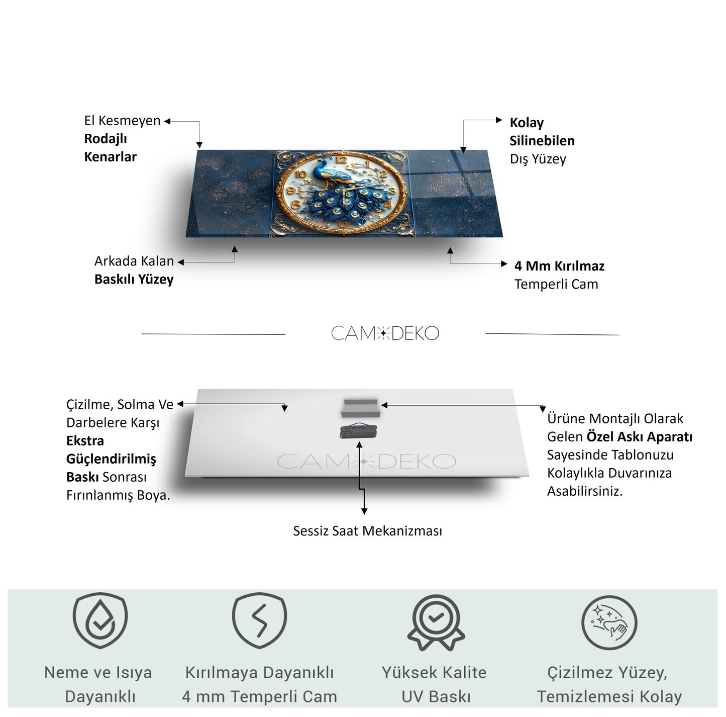 Mavi Tavus Kuşu Cam Duvar Saati
