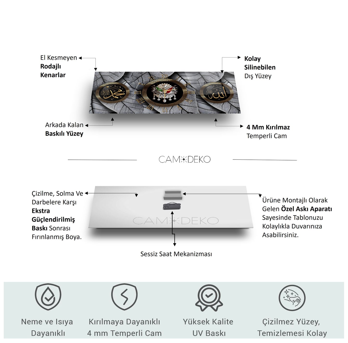 Allah ve Muhammed Yazılı Osmanlı Arması Cam Duvar Saati