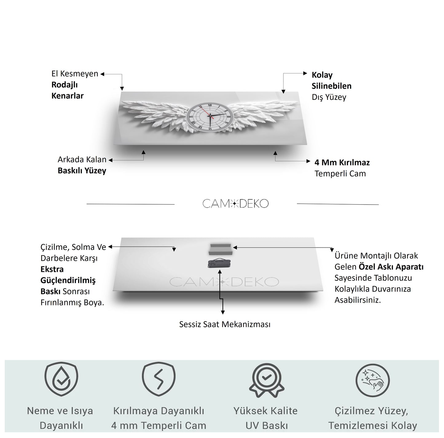 Beyaz Melek Kanatları Cam Duvar Saati