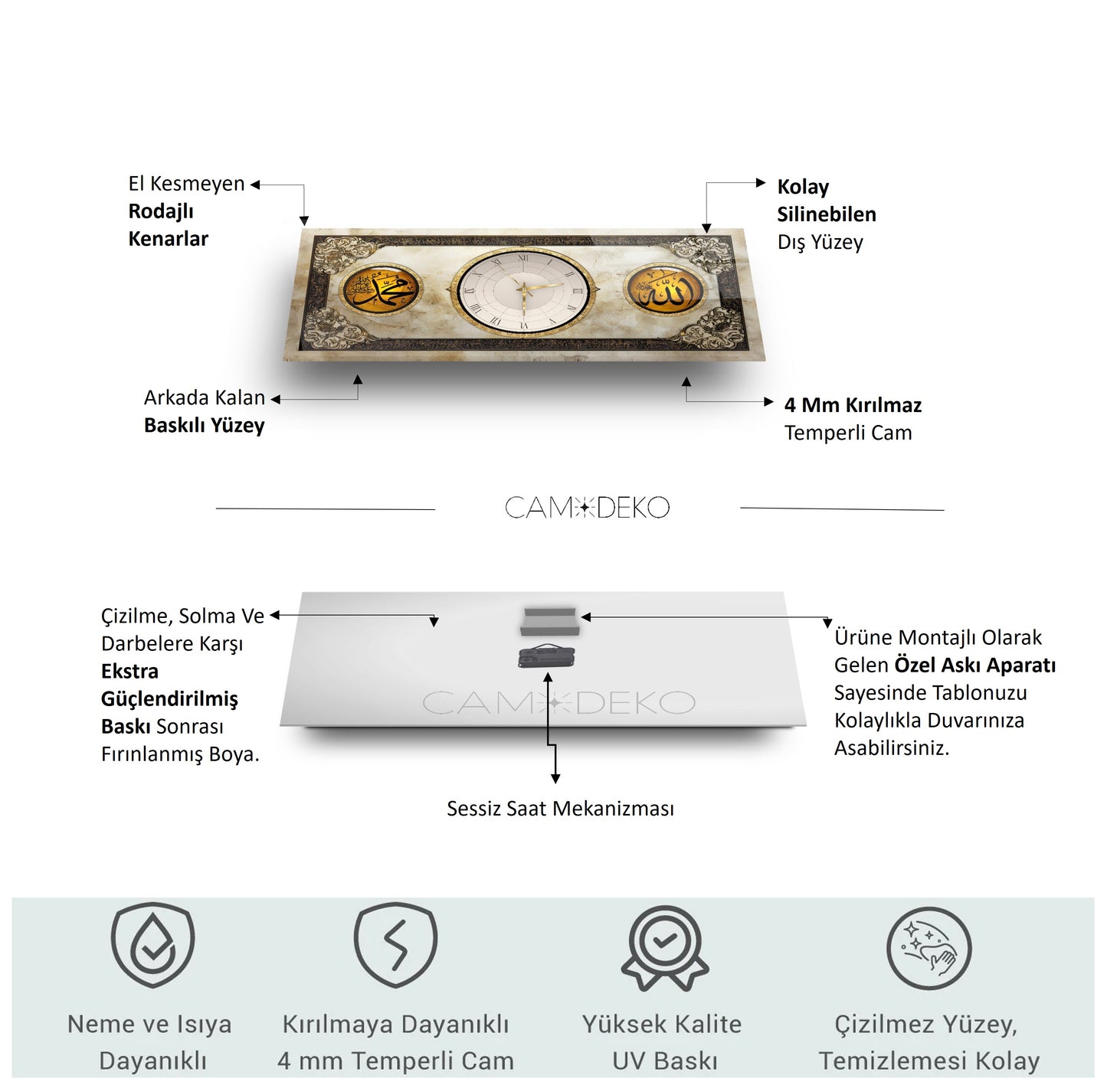 Allah Muhammed Lafzı Dini Cam Duvar Saati