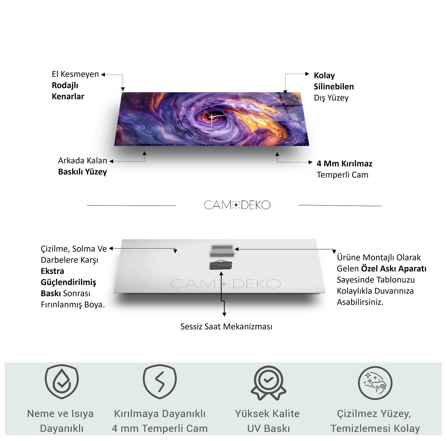 Soyut Mor Girdap Cam Duvar Saati