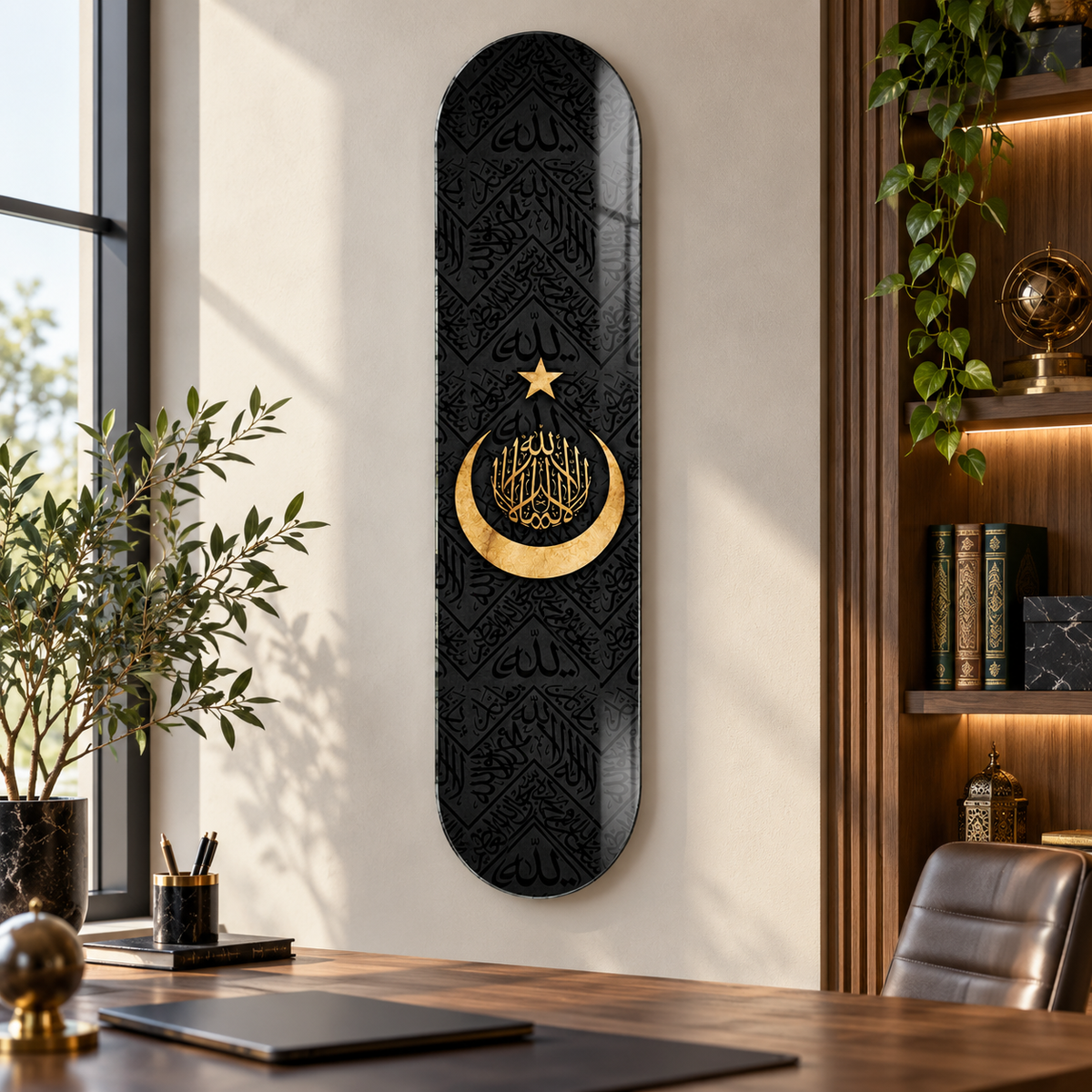 Siyah altın hilal yıldız Skate Board cam tablo - alternatif premium mekan