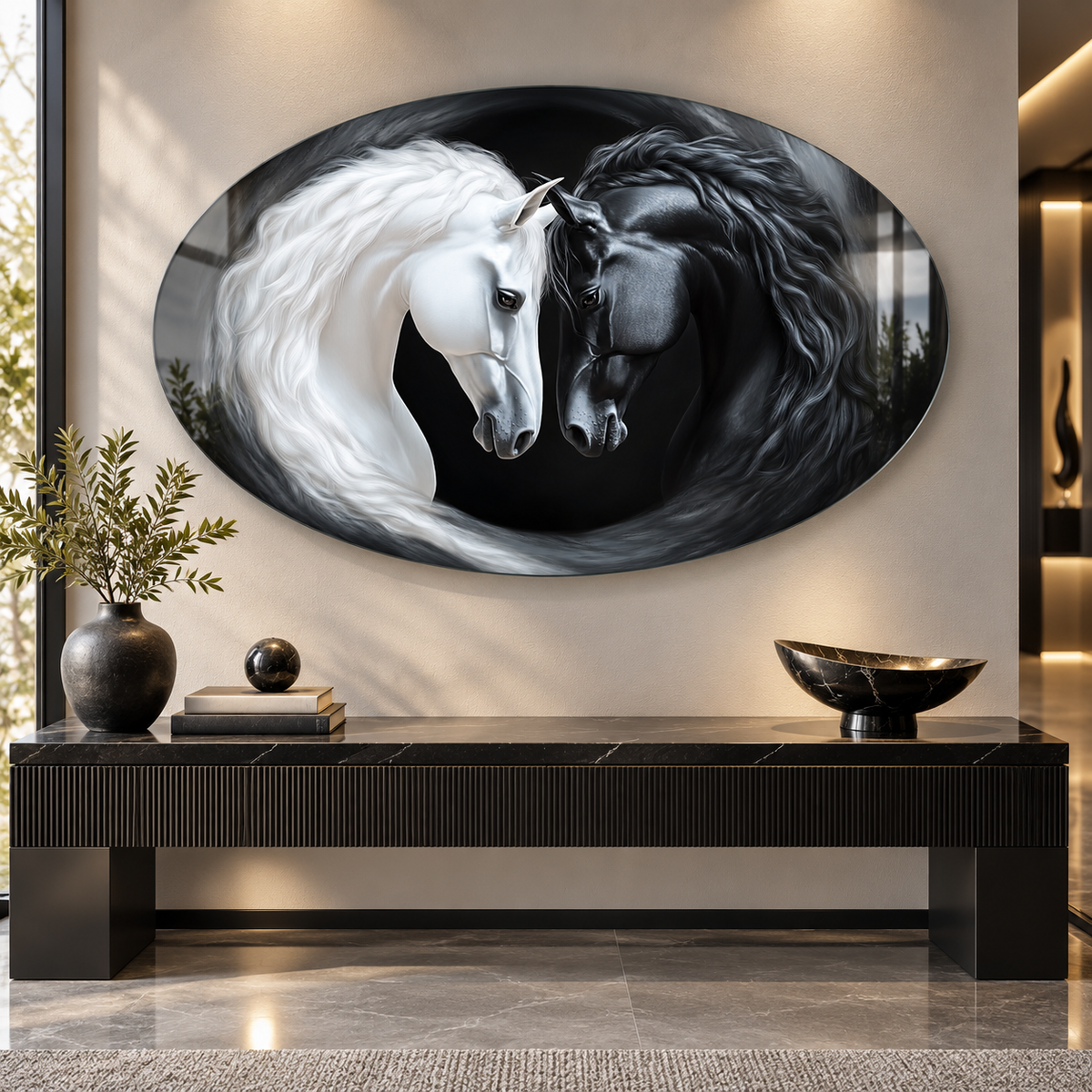 Siyah beyaz atlar oval yatay cam tablo alternatif premium mekan