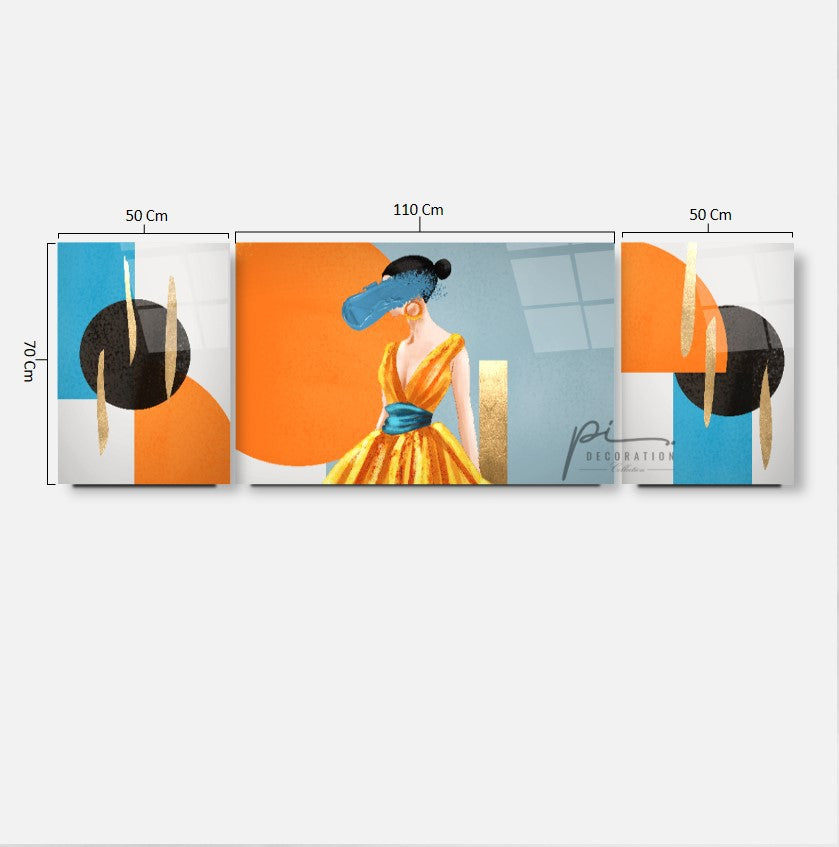 Kadın ve Soyut Desenler Triple Üçlü Cam Tablo