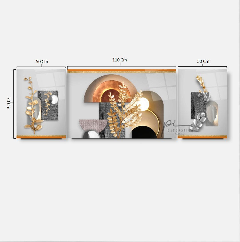 Yapraklar ve Soyut Desenler Triple Üçlü Cam Tablo