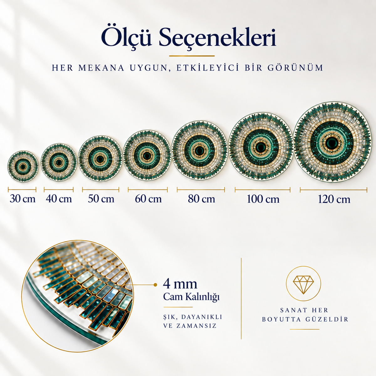 Zümrüt mozaik göz yuvarlak cam tablo ölçü seçenekleri 30 40 50 60 80 100 ve 120 cm çap