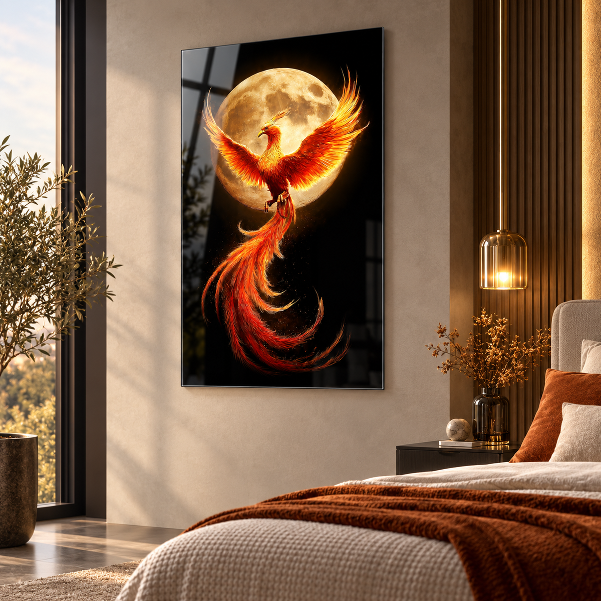 Altın ay önünde ateş Anka kuşu dikey cam tablo premium yatak odası duvar uygulaması