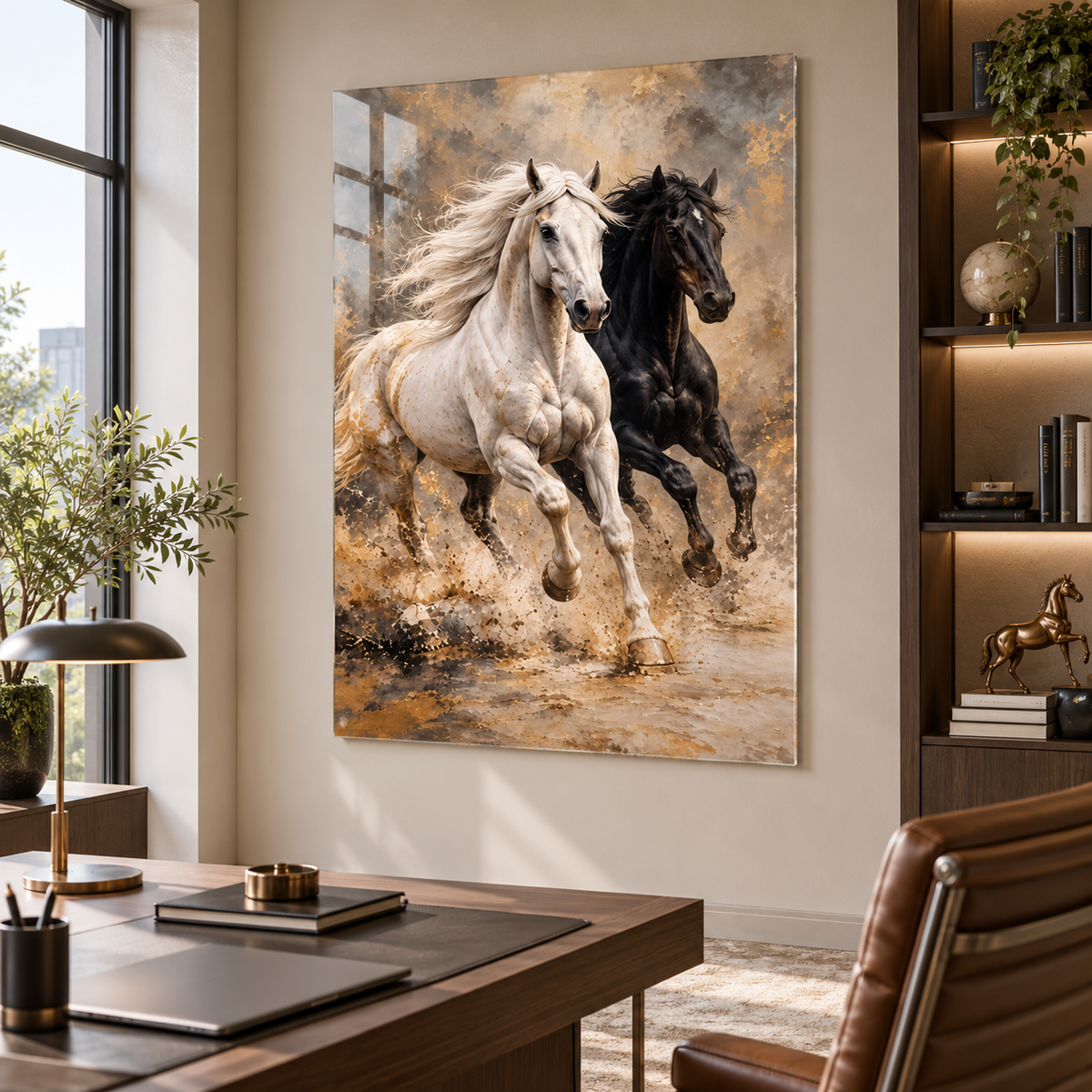 Siyah beyaz koşan atlar gold bej dikey cam tablo alternatif premium mekan