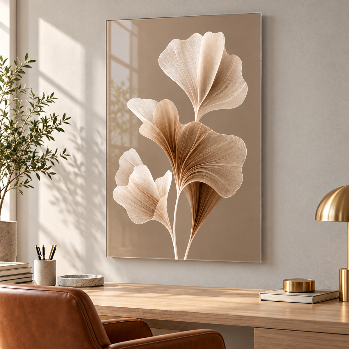 Taupe Zeminli Krem Bronz Ginkgo Dikey Cam Tablo - Çalışma odası