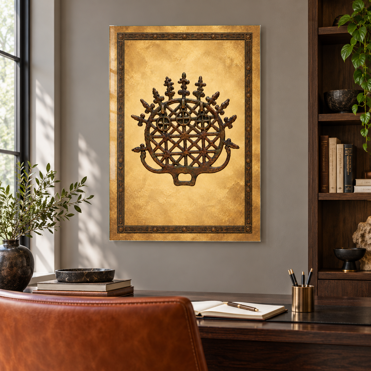 Altın Zeminli Bronz Güneş Kursu Dikey Cam Tablo - Çalışma odası