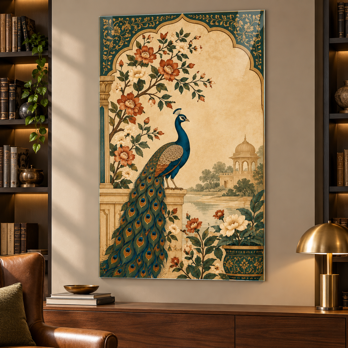 Çiçekli Kemer ve Tavus Kuşu Dikey Cam Tablo - Çalışma odası