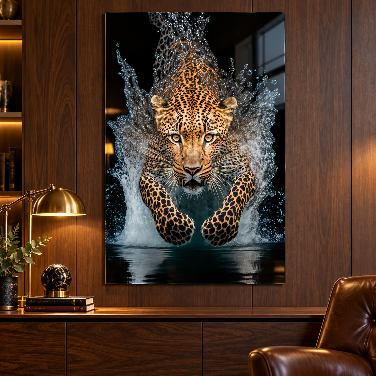 Su Sıçramaları İçinde Leopar Dikey Cam Tablo - 10