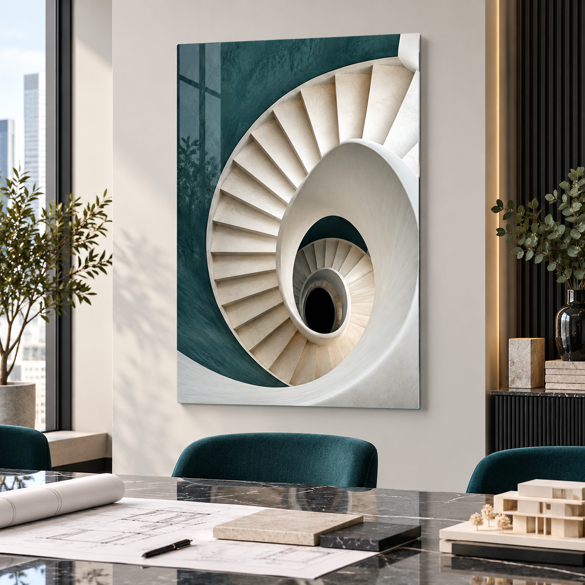 Spiral Mekân Mimari Dikey Cam Tablo — Alternatif ofis ortamında görünüm