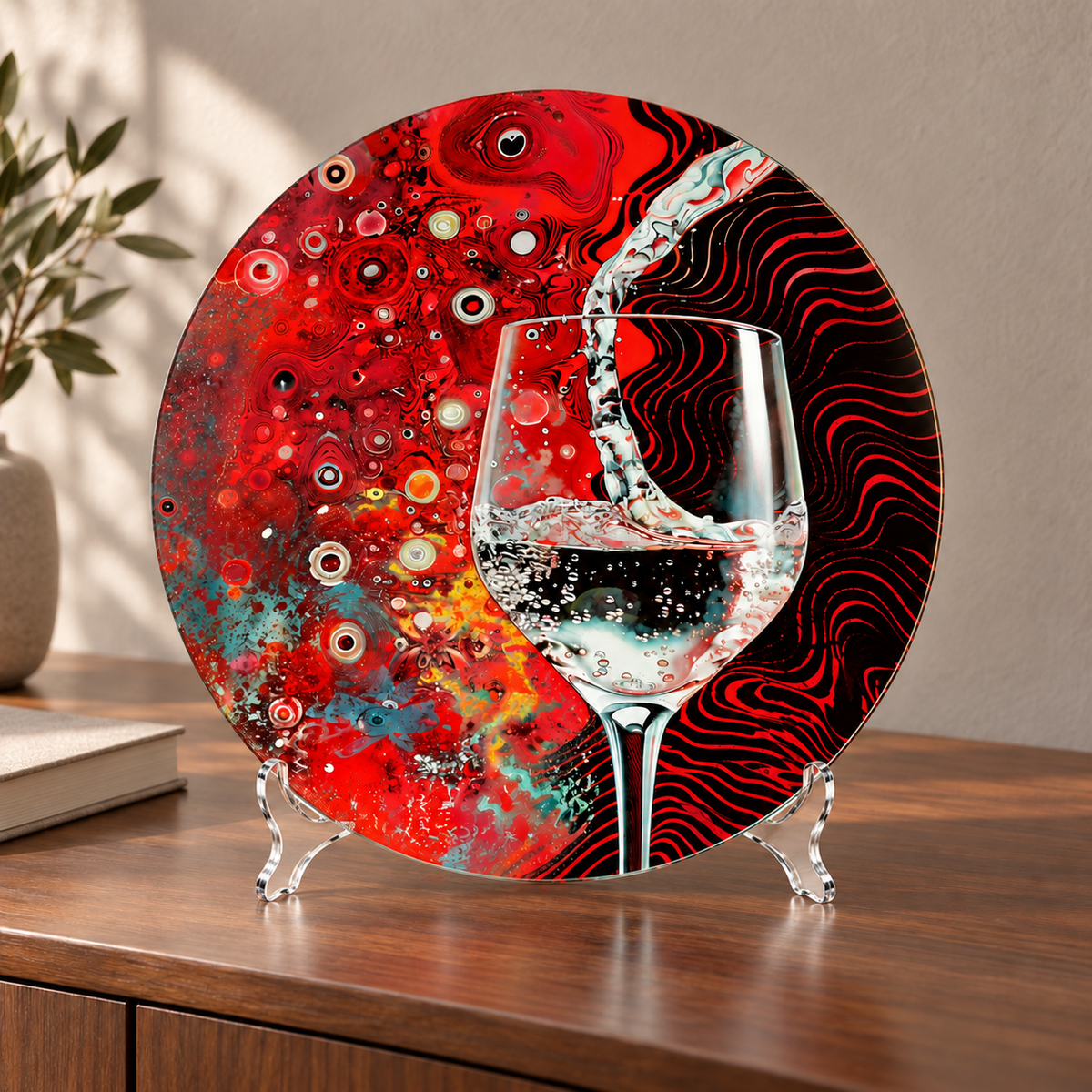 Kırmızı Dalgalar ve Kristal Kadeh Yuvarlak Cam Tablo — 30×30 cm yuvarlak cam tablo ve referansa uygun kavisli şeffaf pleksi ayaklık