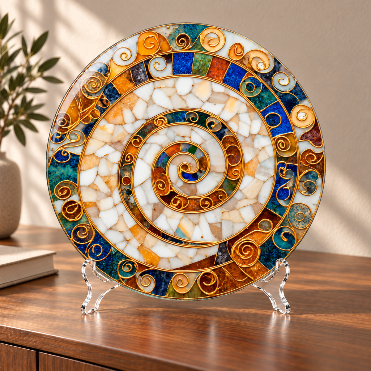 Safir Sedef Yuvarlak Cam Tablo – 30×30 cm cam tablo ve kavisli şeffaf pleksi ayaklık