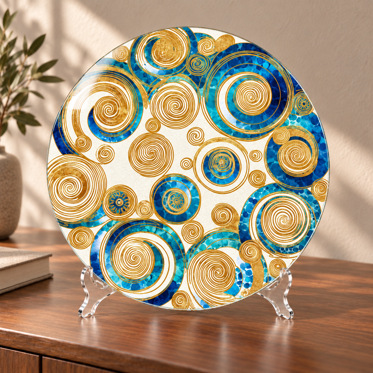 Mavi Altın Halkalar Yuvarlak Cam Tablo – 30×30 cm cam tablo ve kavisli şeffaf pleksi ayaklık