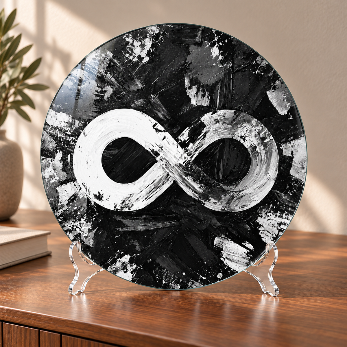 Monokrom Sonsuzluk Yuvarlak Cam Tablo – 30×30 cm cam tablo ve kavisli şeffaf pleksi ayaklık