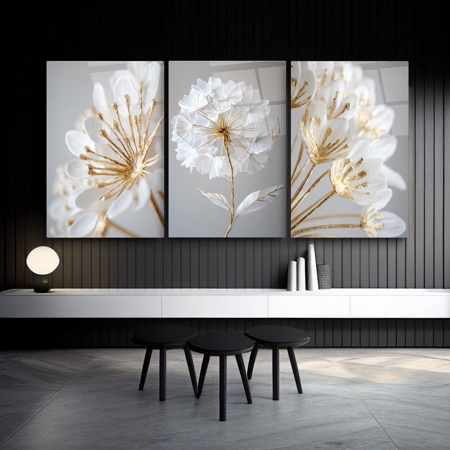 Beyaz Gold Çiçekler Üçlü Set Cam Tablo