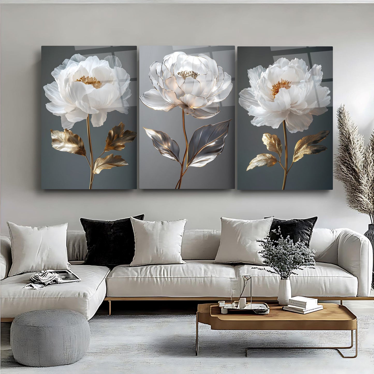 Gold Beyaz Çiçekler Üçlü Set Cam Tablo