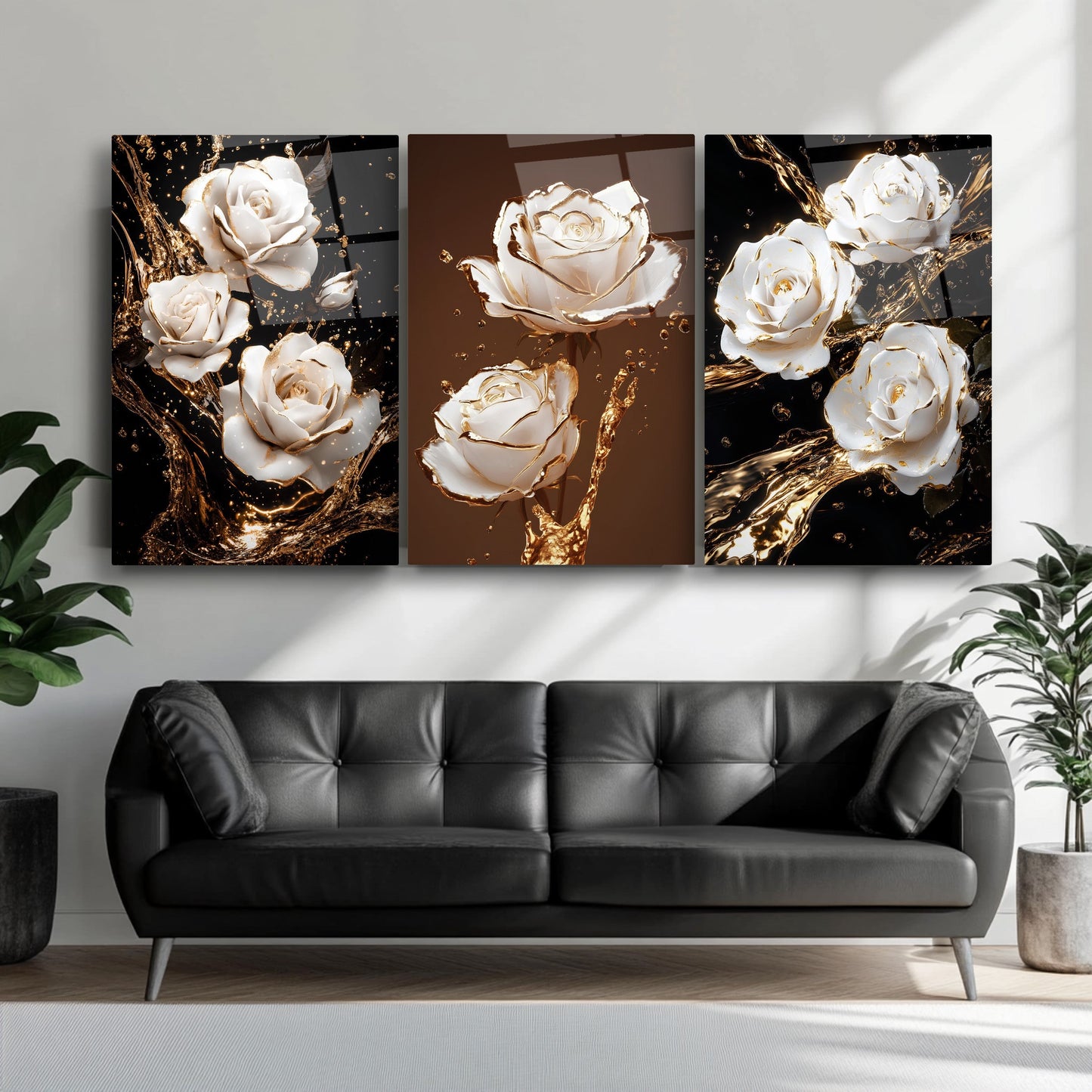 Beyaz Gold Güller Üçlü Set Cam Tablo