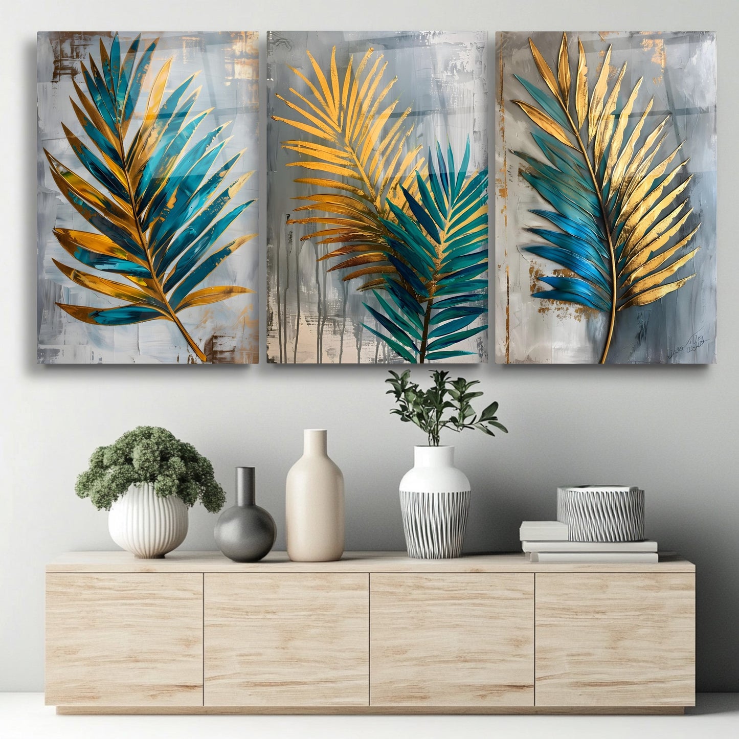 Yesil Gold Palmiye Yaprakları Üçlü Set Cam Tablo