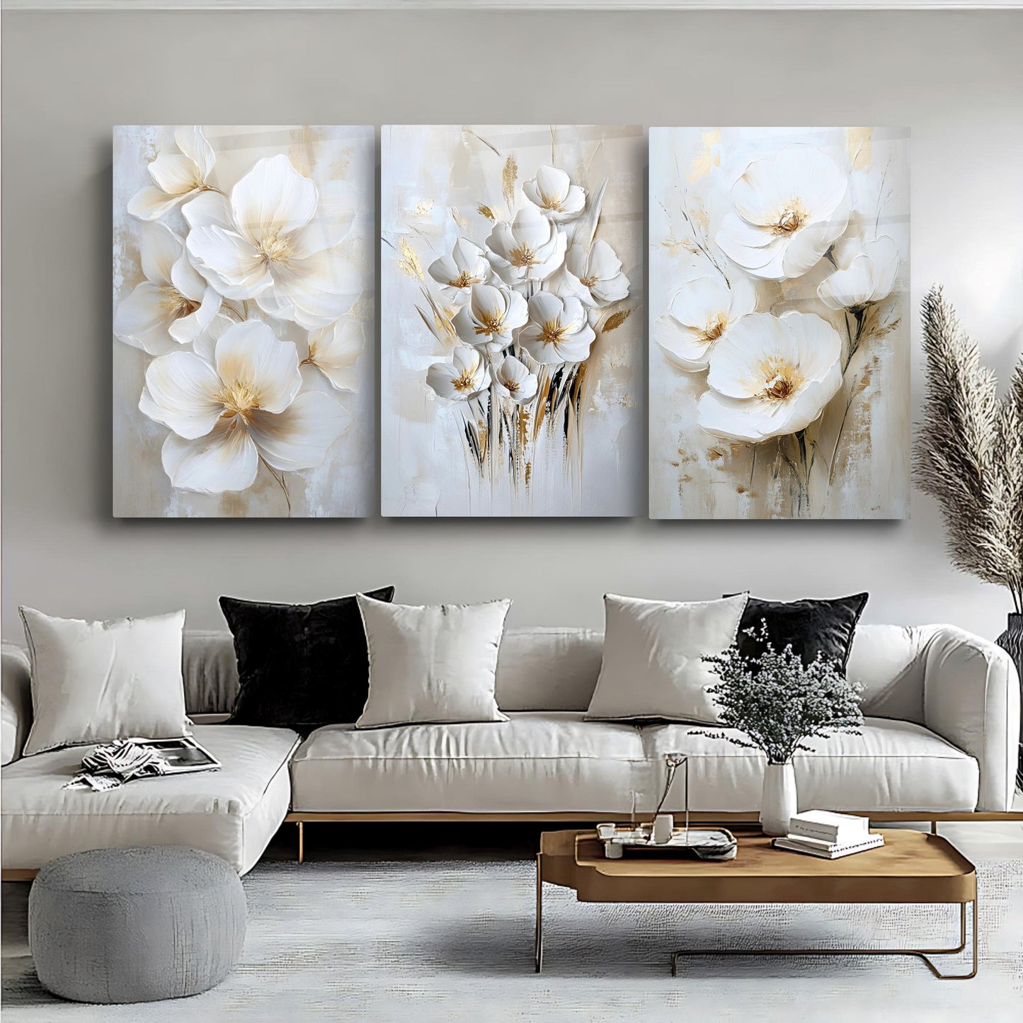 Beyaz Soft Çiçekler Üçlü Set Cam Tablo