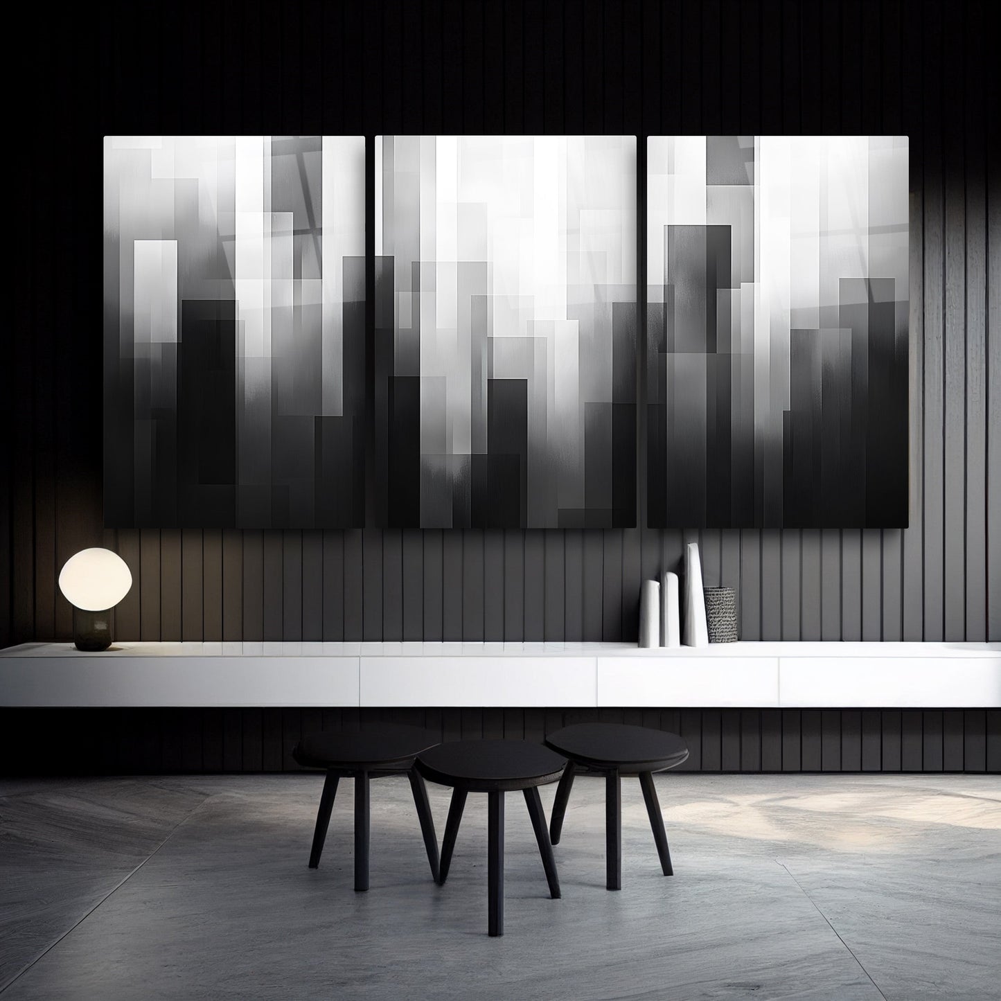 Siyah Beyaz Soyut Desenler Üçlü Set Cam Tablo